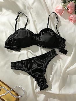 SweatyRocks Women's 2 Piece Satin Lingerie Set Ruffle Trim Wireless Bra and Panties Underwear | Amazon (US)
