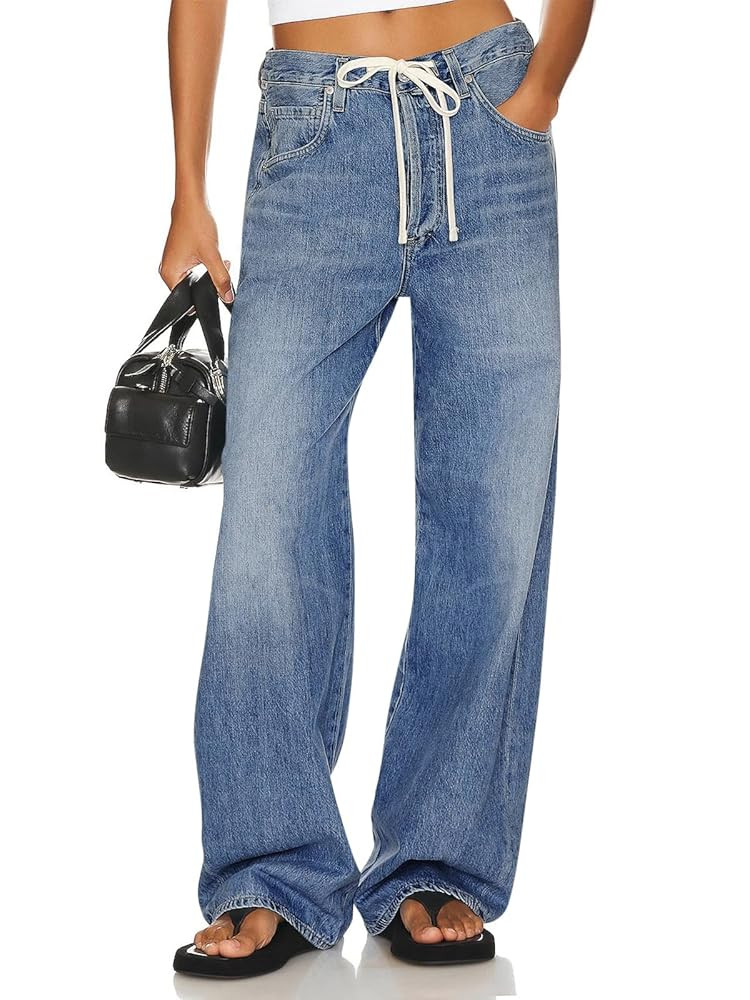 PLNOTME Womens Baggy Wide Leg Jeans Boyfriend Drawstring High Waisted Mom Denim Pants with Pocket... | Amazon (US)