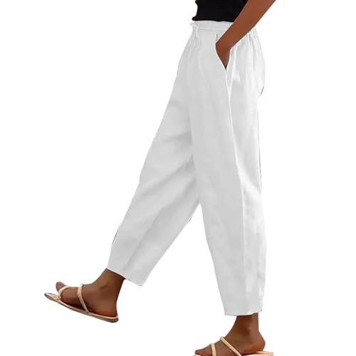 White Womens Lounge Pants with Pockets Cotton Linen High Waisted Workout Pants Women Plus Size Summer Drawstring Gauze Casual Pant Travel Ankle Length Trousers Straight Leg Boho Solid Trousers L | Amazon (US)