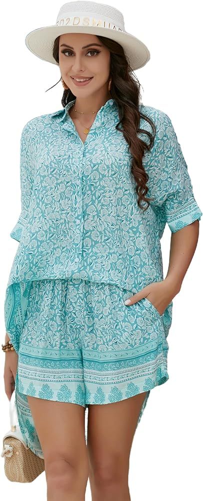 HECCPLI Women's Boho 2 Piece Outfit Floral Open Front Tropical Tunic Blouse and Shorts Set | Amazon (US)