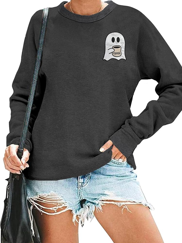PECHAR Halloween Sweatshirts for Women Cute Spooky Coffee Sweatshirt Ghost Embroidered Sweater Fa... | Amazon (US)