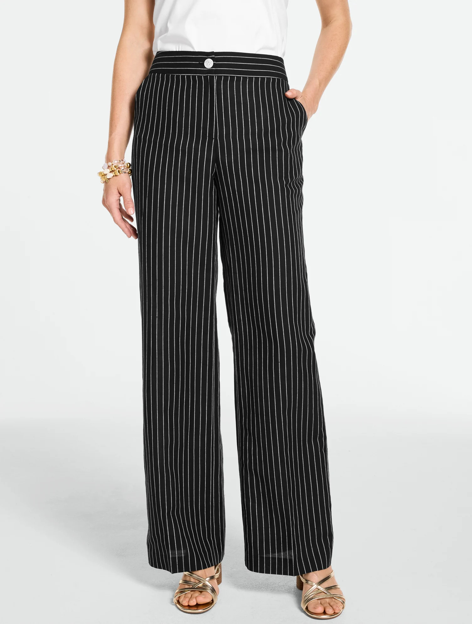 Classic Linen Wide Leg Pants - Blooming Stripe - Black/White - 4 Talbots | Talbots