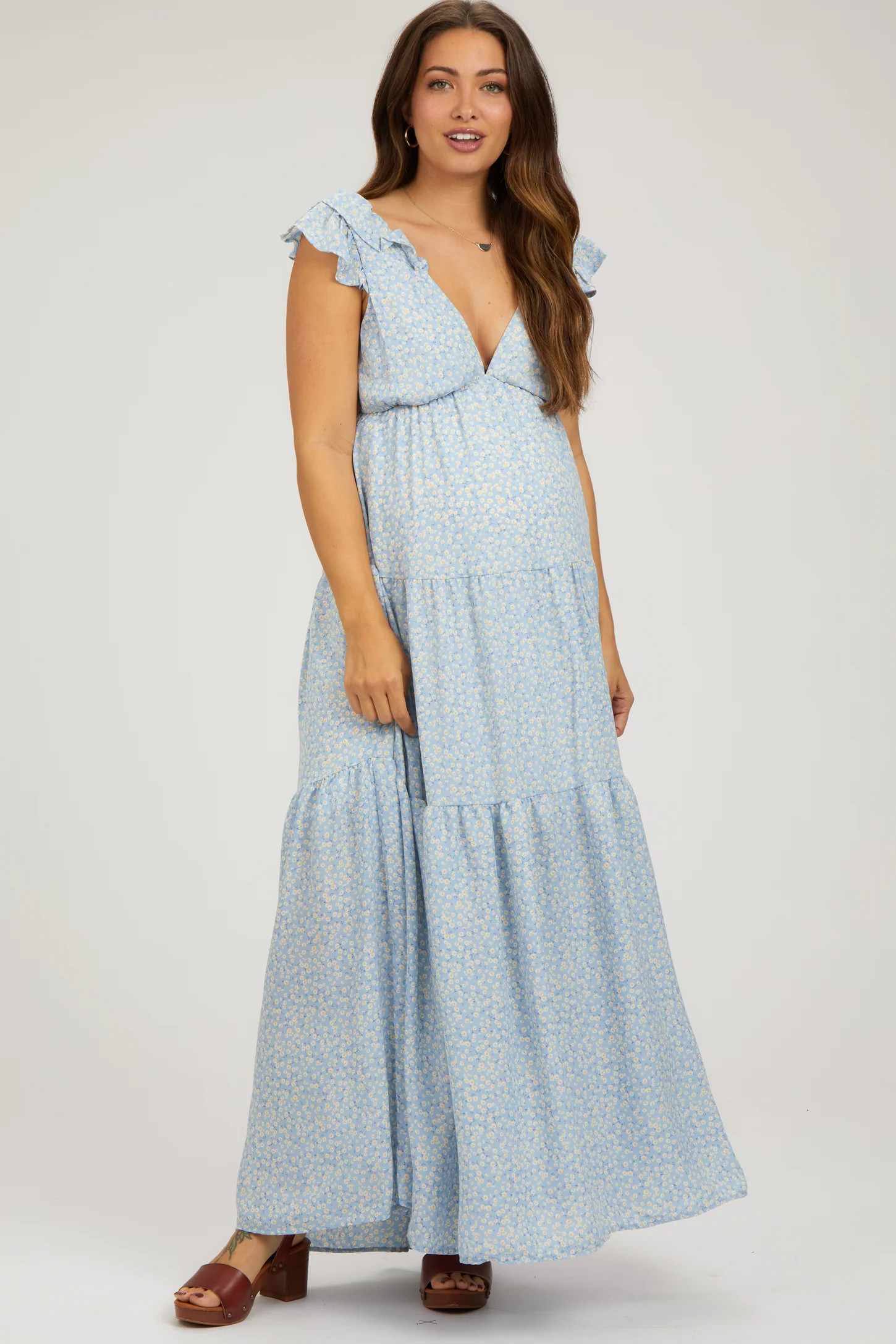 Light Blue Floral Deep V-Neck Tiered Maternity Maxi Dress | PinkBlush Maternity
