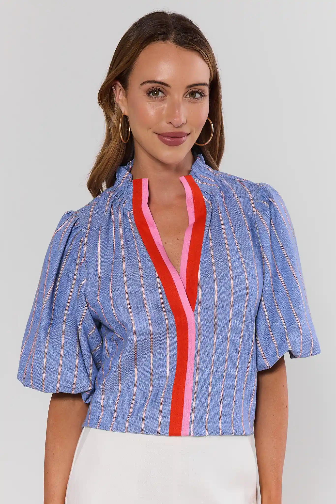 Blue Striped Contrast Trim Top by THML | Avara