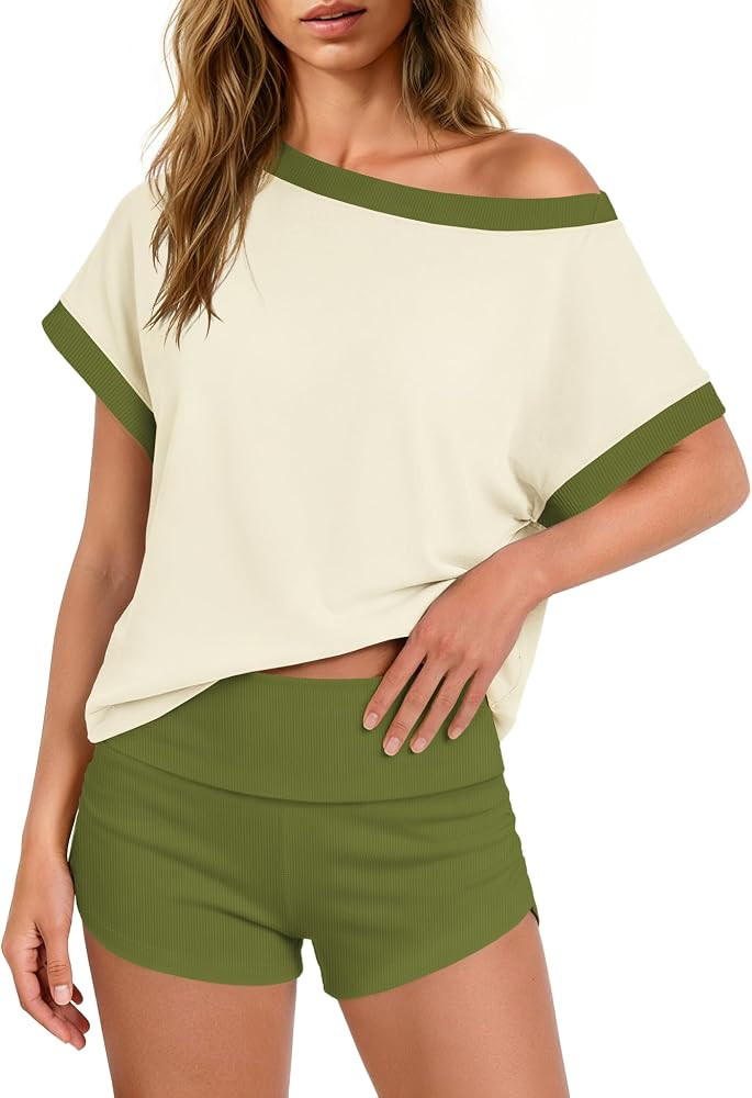 Nirovien Womens Summer 2 Piece Outfits Color Block Lounge Set Oversized Tops and Fold Over Shorts... | Amazon (US)