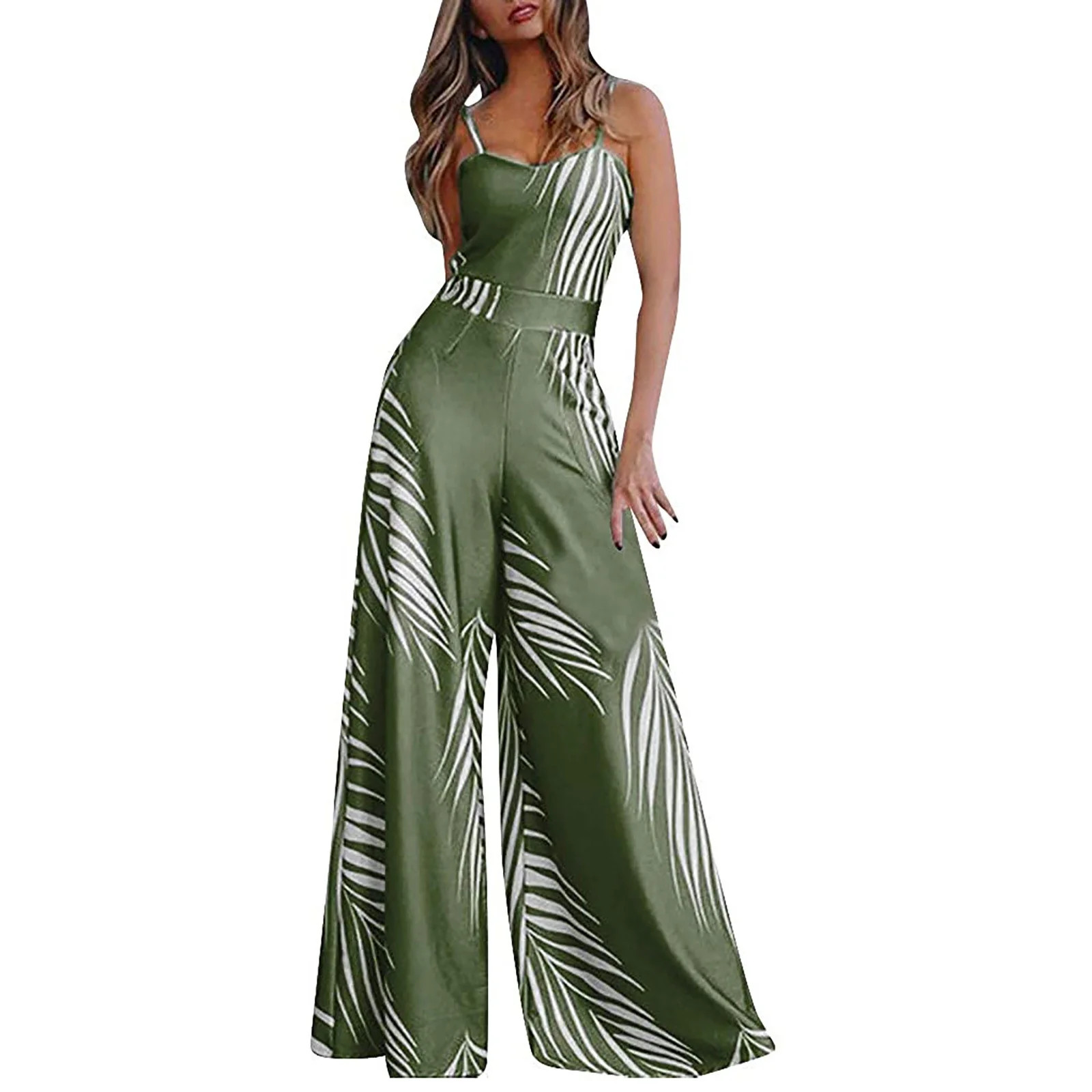 Women 2024 Summer Jumpsuit Outfit Tropical Print Sleeveless Spaghetti Strap Long Wide Leg Beach R... | Walmart (US)