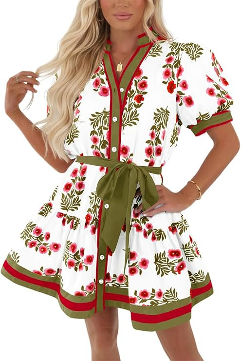 Wenrine Womens Summer Floral Mini Dress Puff Short Sleeve V Neck Button Down Casual Loose Boho Be... | Amazon (US)