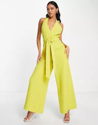 ASOS DESIGN structured halter jumpsuit with tie waist detail in chartreuse | ASOS (Global)