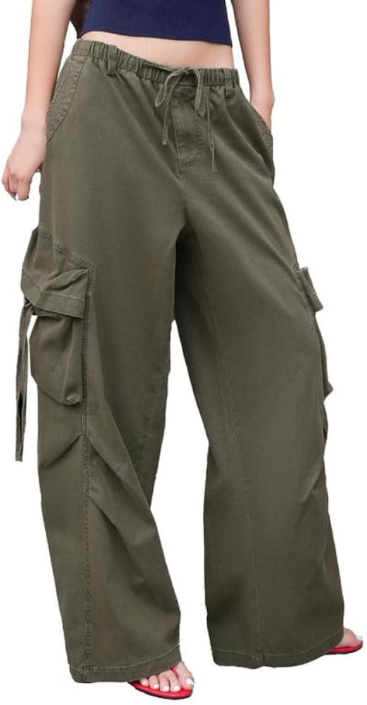 URBAN REVIVO Women's Wide Leg Cargo Pants Loose Fit with Drawstring Waist & Pockets - Autumn Dust... | Amazon (US)
