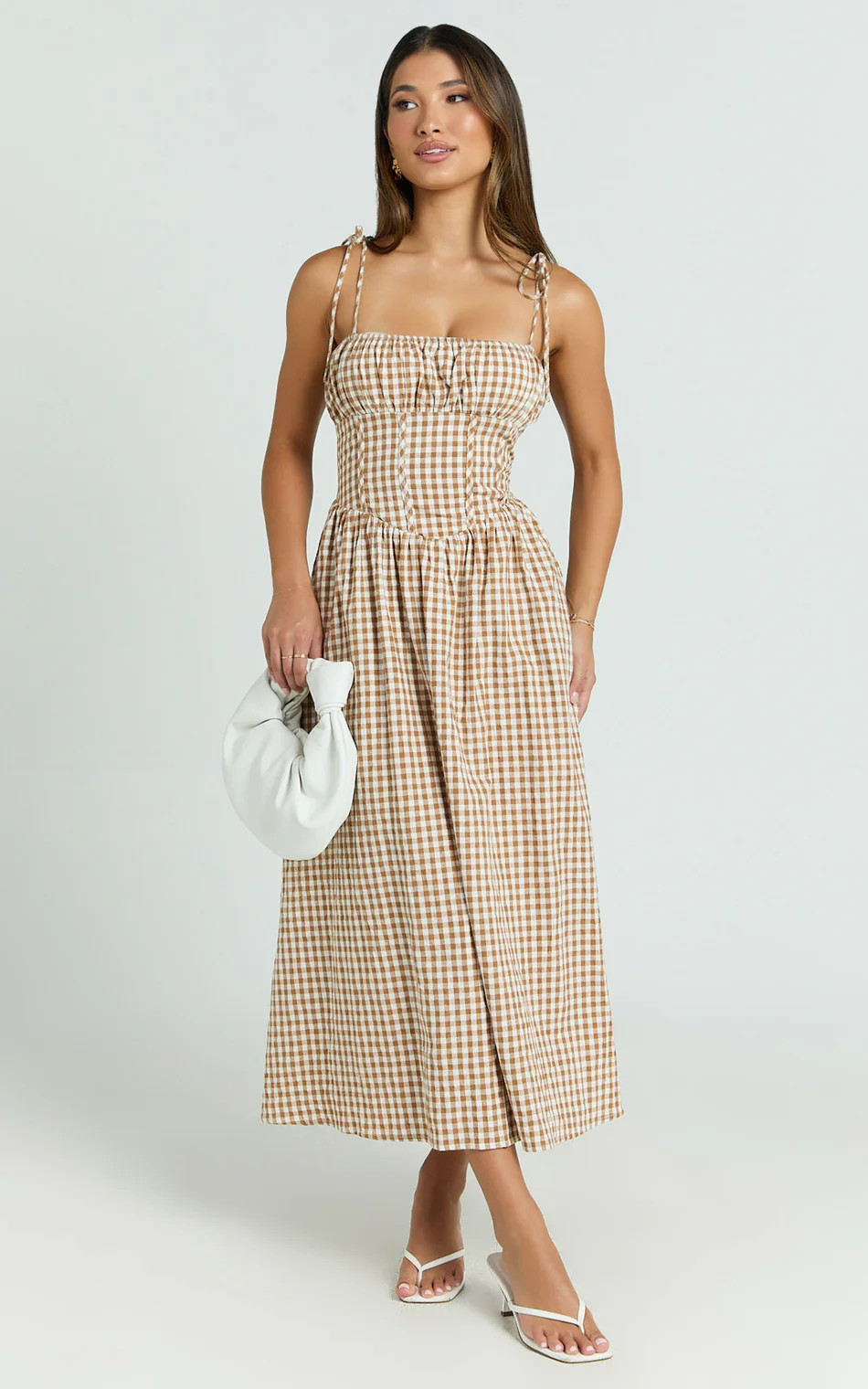 Austin Midi Dress - Straight Neck Gathered Bust Fitted Corset Drop Waist Gathered Skirt Dress in ... | Showpo (US, UK & Europe)