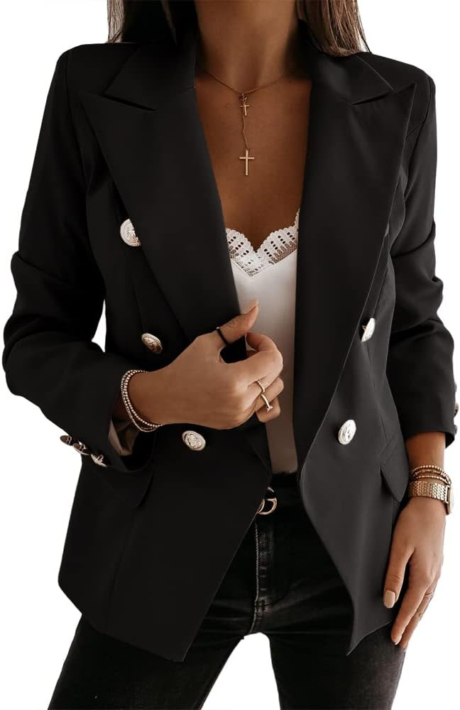 Langwyqu Womens Open Front Blazers Double Breasted Long Sleeve Office Work Jackets with Pockets | Amazon (US)