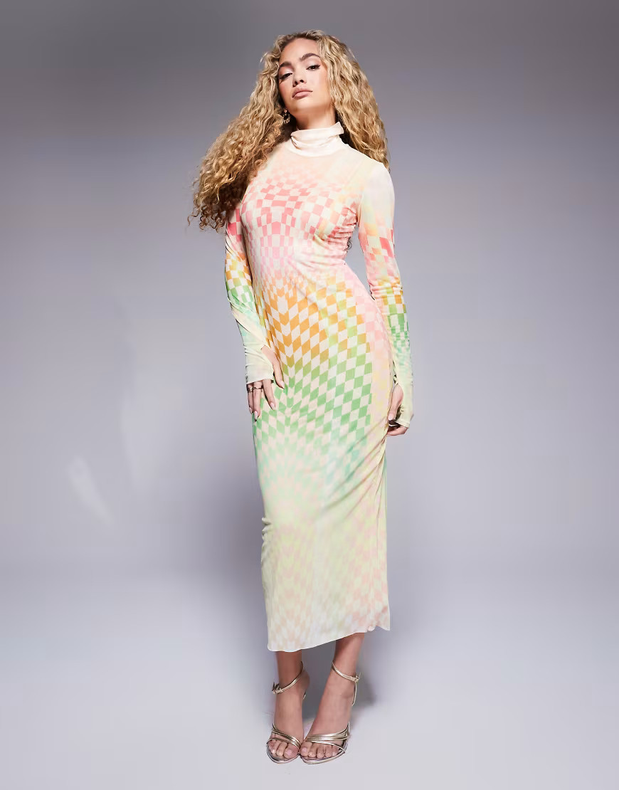 AFRM Shailene high neck mesh midi dress in pastel ombre print-Multi | ASOS (Global)