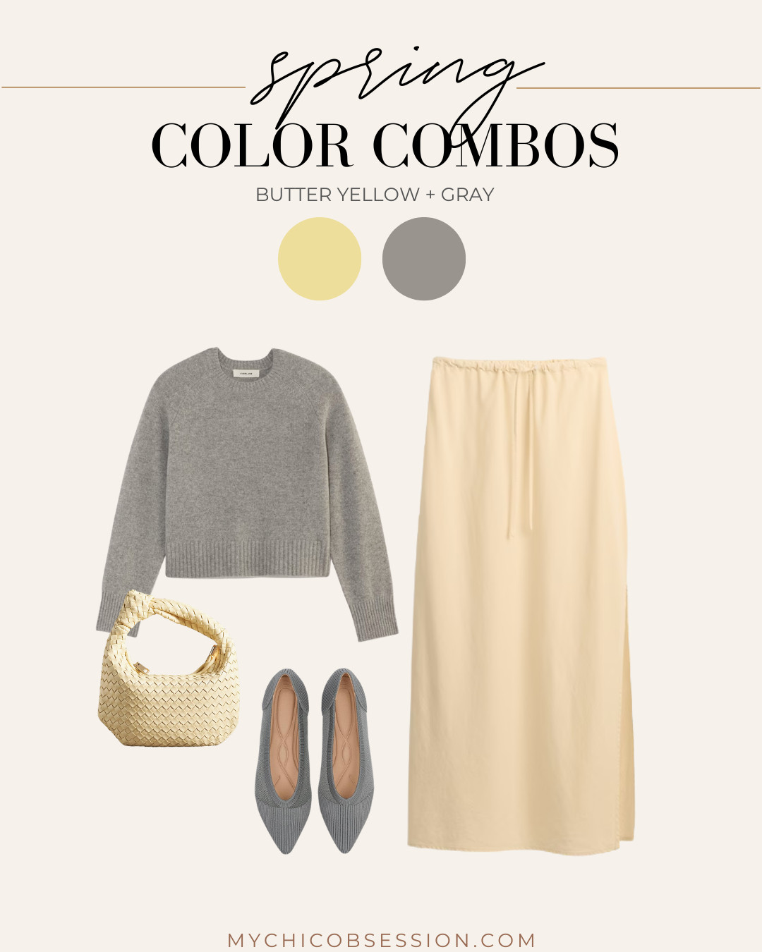 Incorporate butter yellow into your spring fashion by pairing it with neutral gray. Style a classic gray crewneck sweater from Everlane with a butter yellow linen skirt, gray flats, and a woven yellow bag for a chic spring look. 

 #LTKSeasonal #LTKTravel #LTKShoeCrush