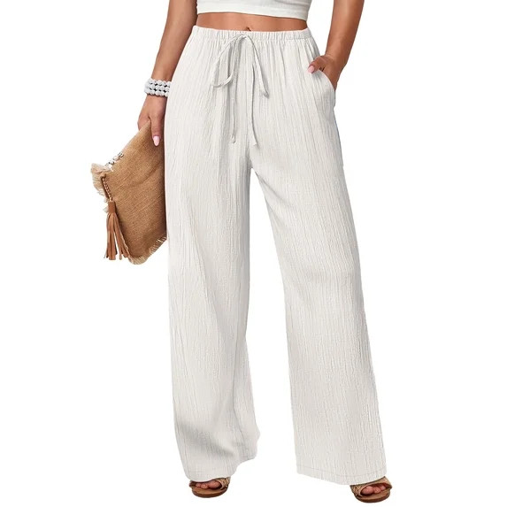 ANRABESS Women's Wide Leg Beach Pants Elastic Waist Lightweight Casual Flowy Palazzo Lounge Trous... | Walmart (US)