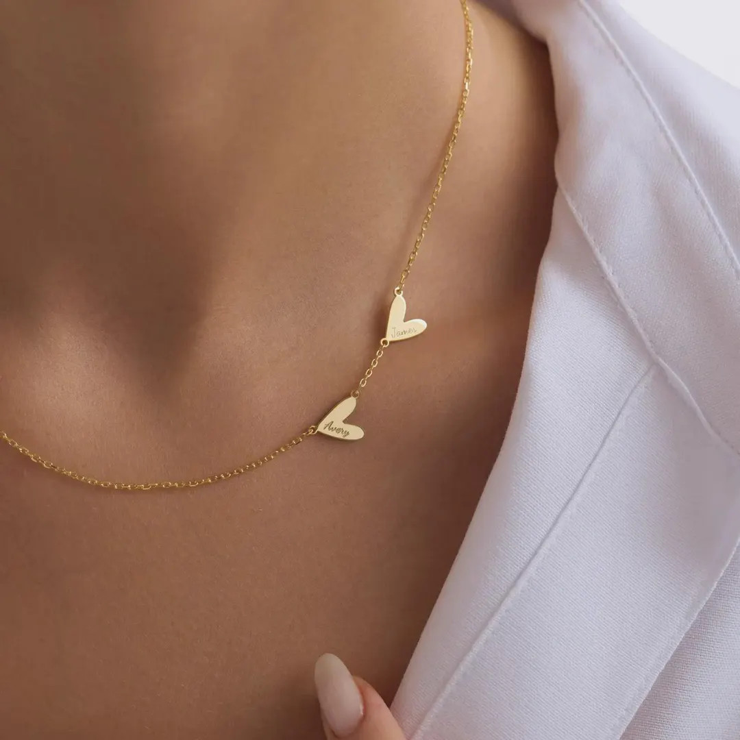 Engraved Heart Necklace • Sideways Heart Necklace Gold • Double Heart Necklace • Couples Ne... | Etsy (US)