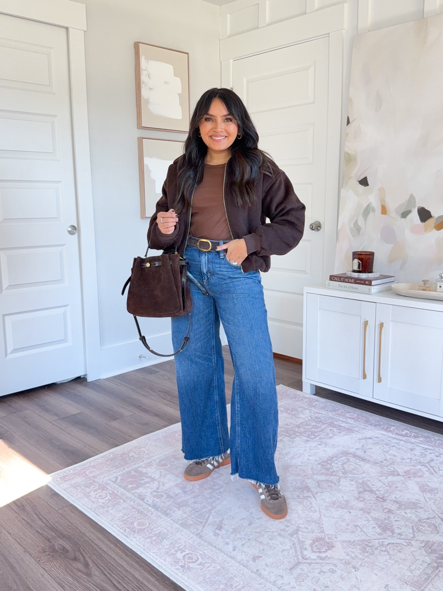 Brown dark coffee bubble hem jacket size xxs regular TTS
Brown tee size small TTS
Dark brown belt size 27-31” TTS
Dark indigo wash baggy jeans size 2 short 27” inseam TTS
Earth Strata / Off White / Gum sneakers size  6 TTS

#LTKPetite #LTKSaleAlert #LTKStyleTip