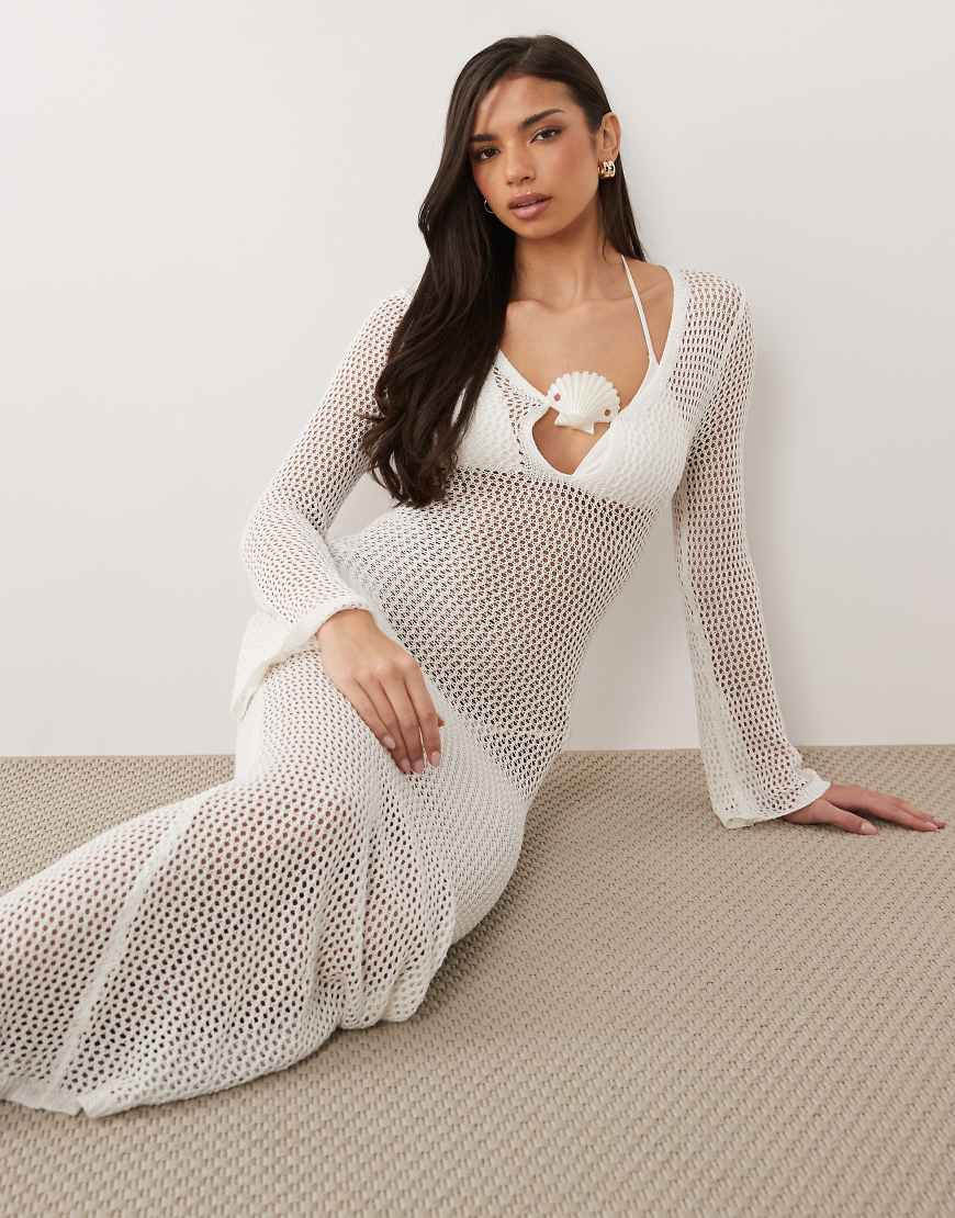 South Beach long sleeve crochet maxi dress in white | ASOS (Global)