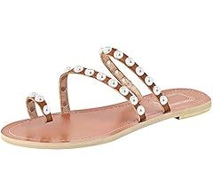 ANUFER Women's Bohemia Pearls Toe Ring Sandals/Slippers Summer Flat Flip Flops Beach Shoes | Amazon (US)