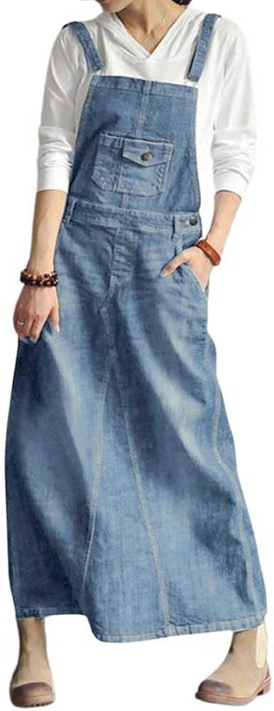 chouyatou Women's Vintage Adjustable Strap Denim Overall Dress Distressed A-Line Pinafore Bib Jea... | Amazon (US)