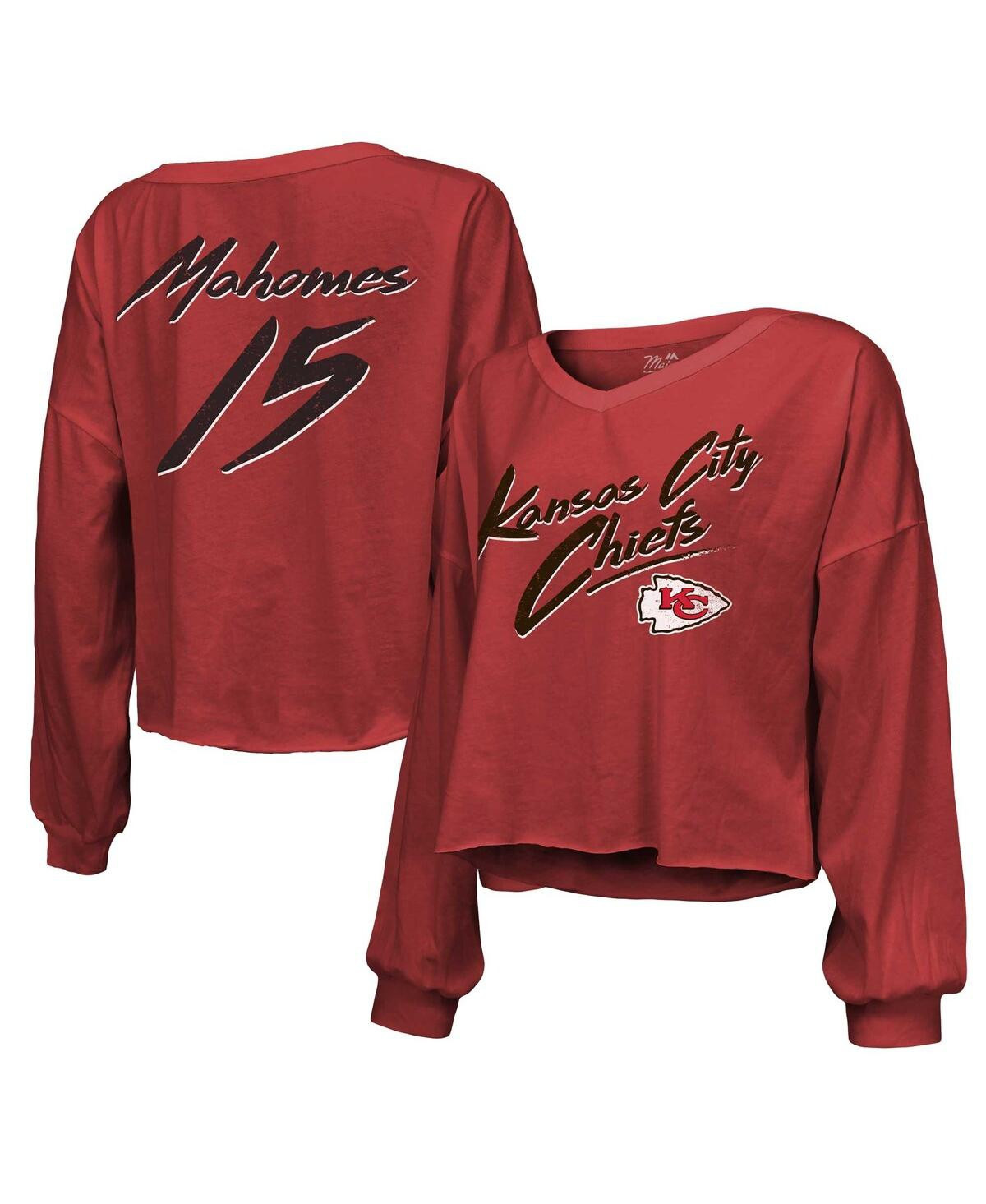 Women's Majestic Threads Patrick Mahomes Red Kansas City Chiefs Name and Number Off-Shoulder Script Cropped Long Sleeve V-Neck T-shirt - Red | Macy's