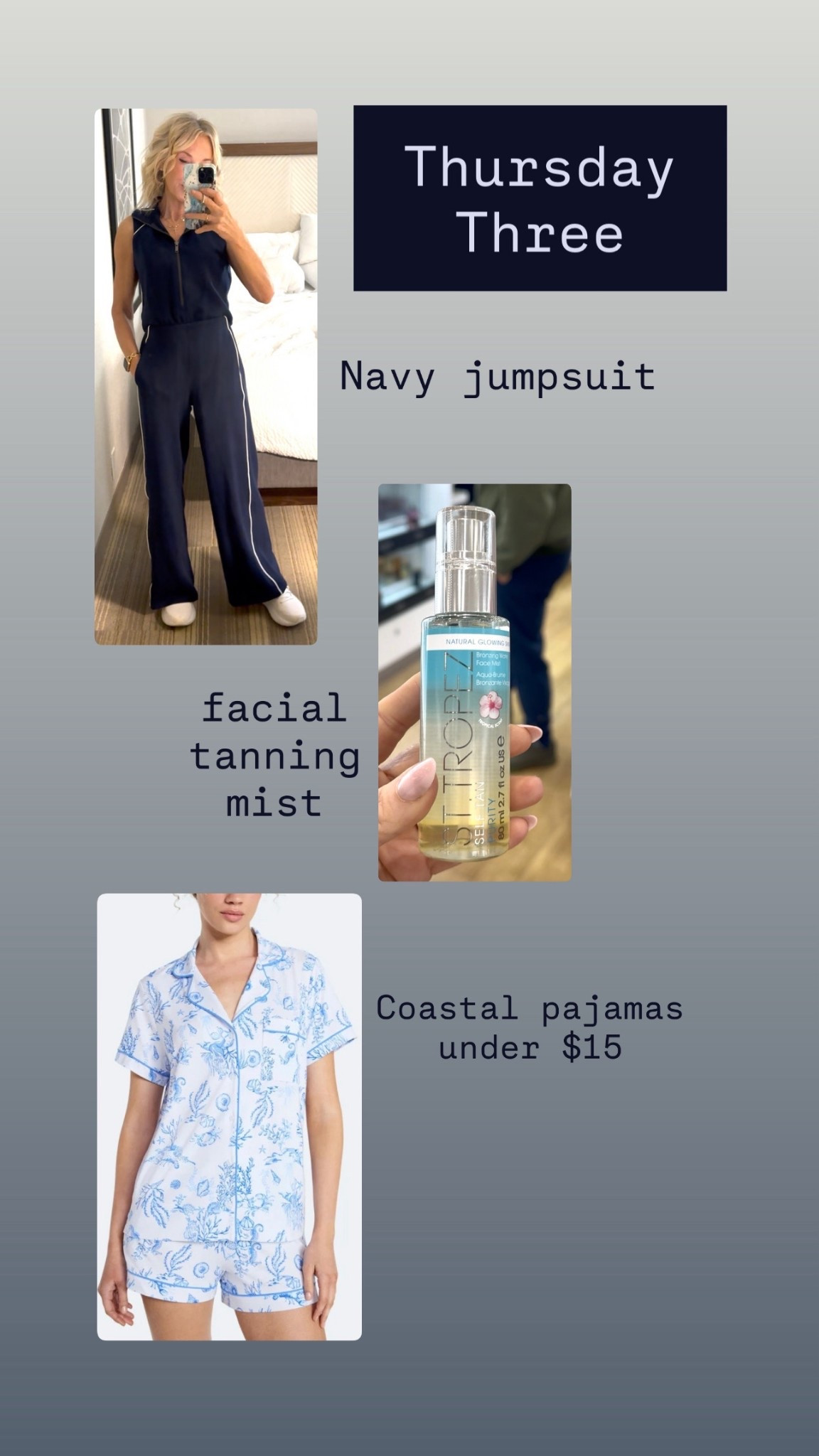 Thursday Three! #traveloutfit #vacationpajamas #tanningspray 

#LTKOver40 #LTKPetite #LTKBeauty
