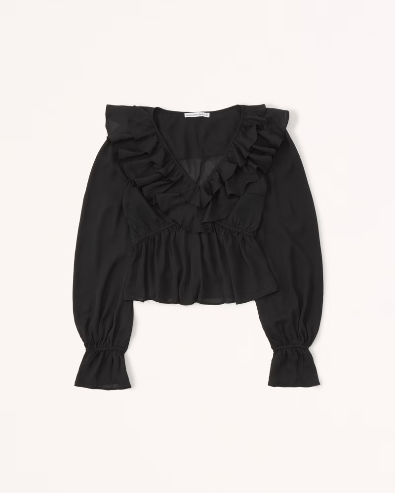 Women's Long-Sleeve Sheer Ruffle Top | Women's New Arrivals | Abercrombie.com | Abercrombie & Fitch (US)