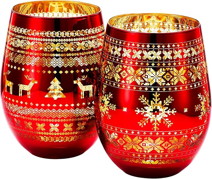 Crystal Christmas Tree Wine & Water Glasses - Set of 2 - Holiday Themed Red & Gold Etched Winter ... | Amazon (US)