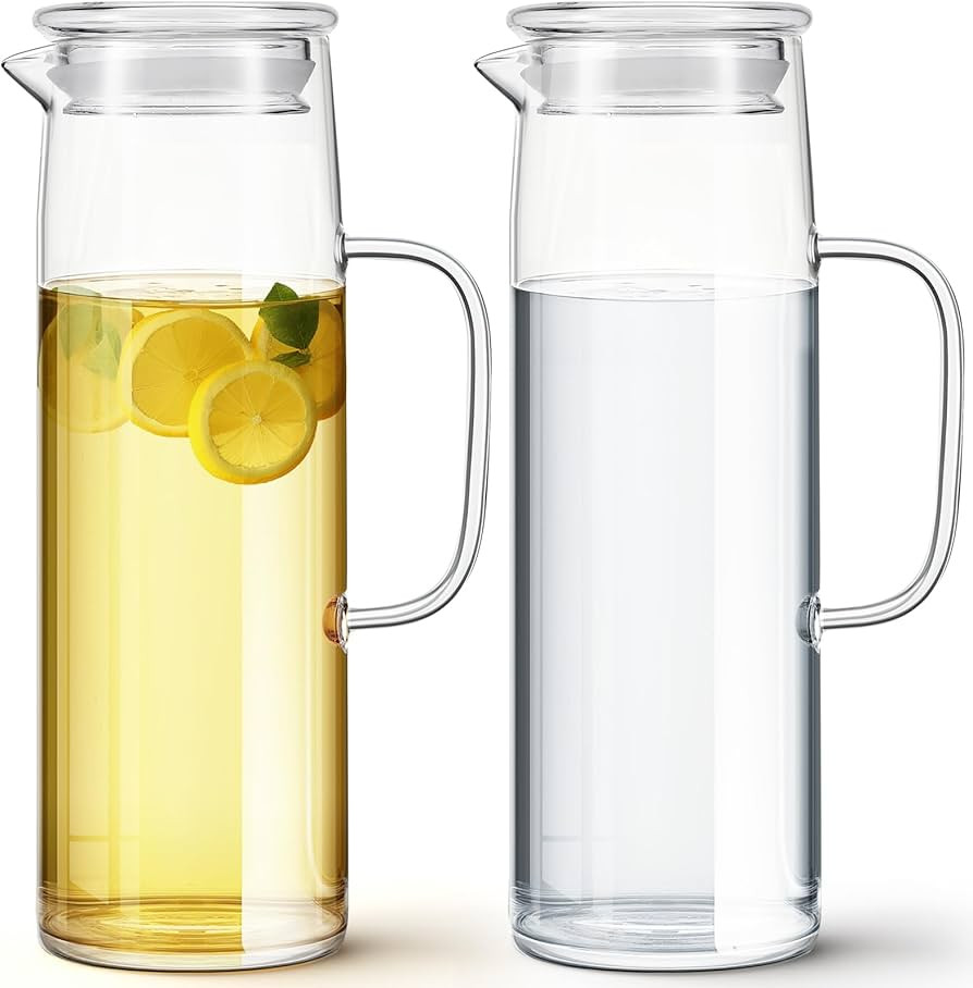 Hsei 2 Sets Glass Pitcher with Lid, 50 oz / 1500 ml Water Carafe with Handles Hot Cold Beverage W... | Amazon (US)