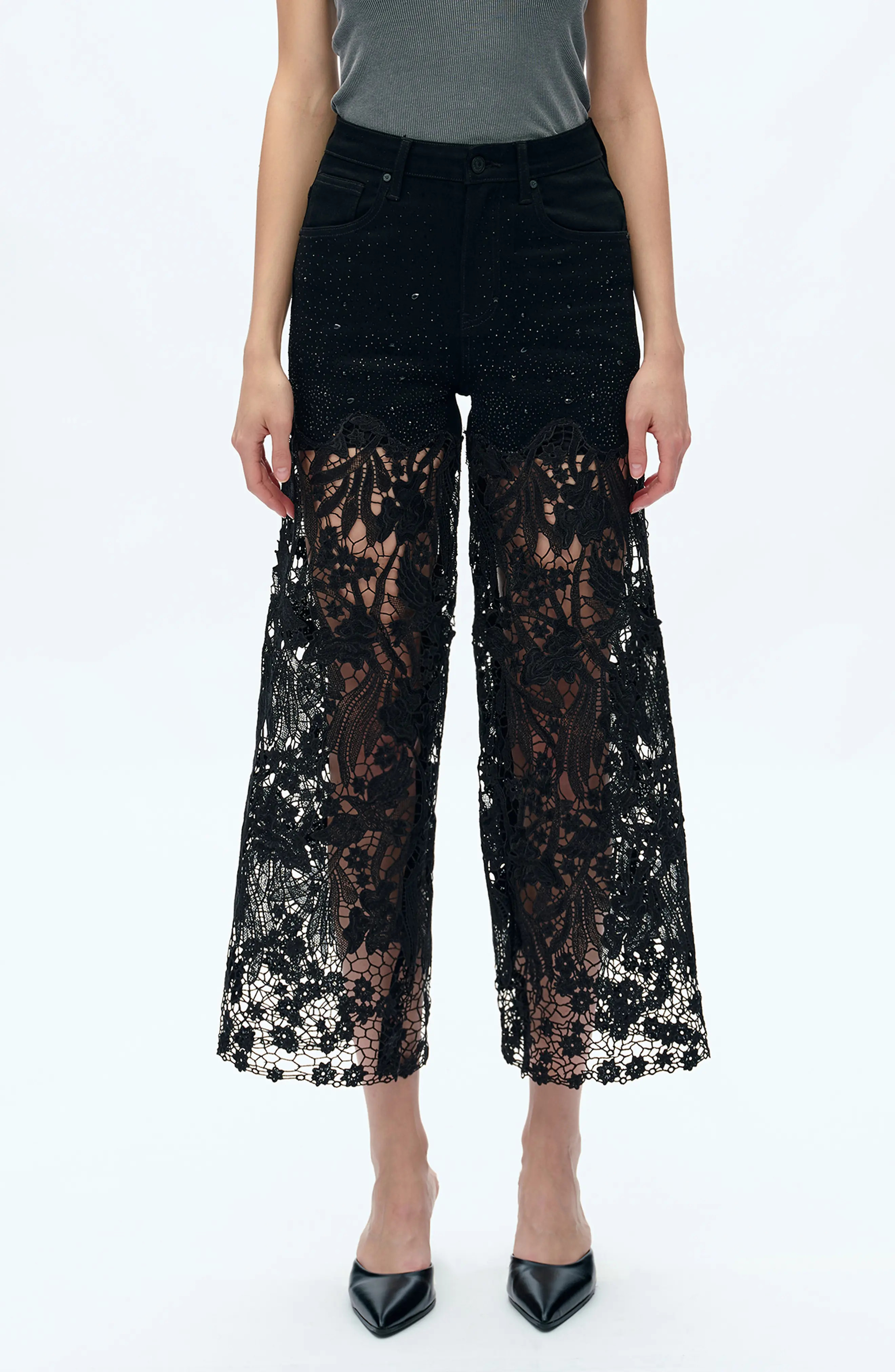 Bayeas High Waist Crystal Embellished Lace Wide Leg Jeans (Women) | Nordstrom | Nordstrom