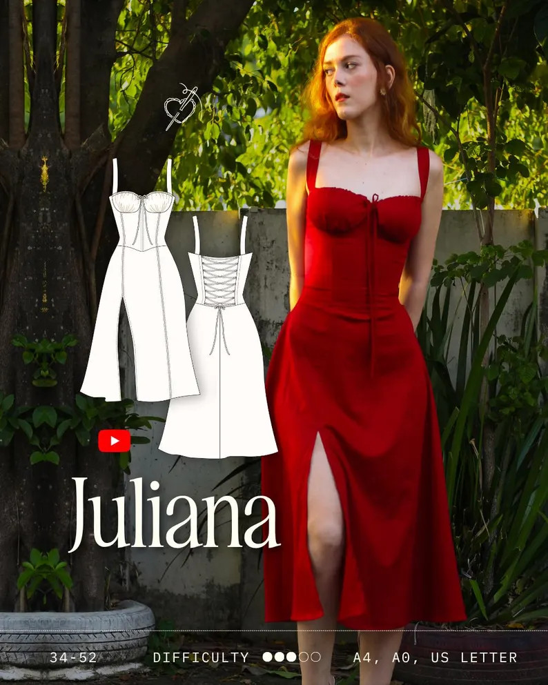 Juliana Corset Dress Sewing Pattern: Bustier Bodice, Midi Skirt (PDF Pattern US 00-20) | Etsy (Global)