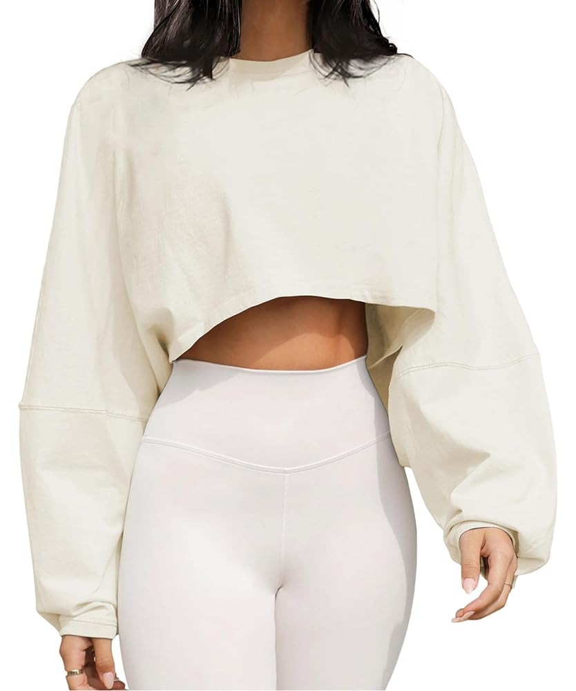 Meladyan Women Long Sleeve Crewneck Crop Top Tee Shirt Sweatshirt Casual Solid Loose Fit Workout ... | Amazon (US)