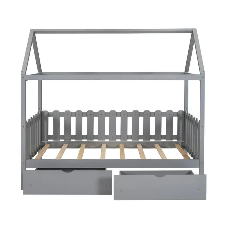EUROCO Pine Wood Twin Size House Bed with Drawers for Kids, Rustic Style, Gray | Walmart (US)