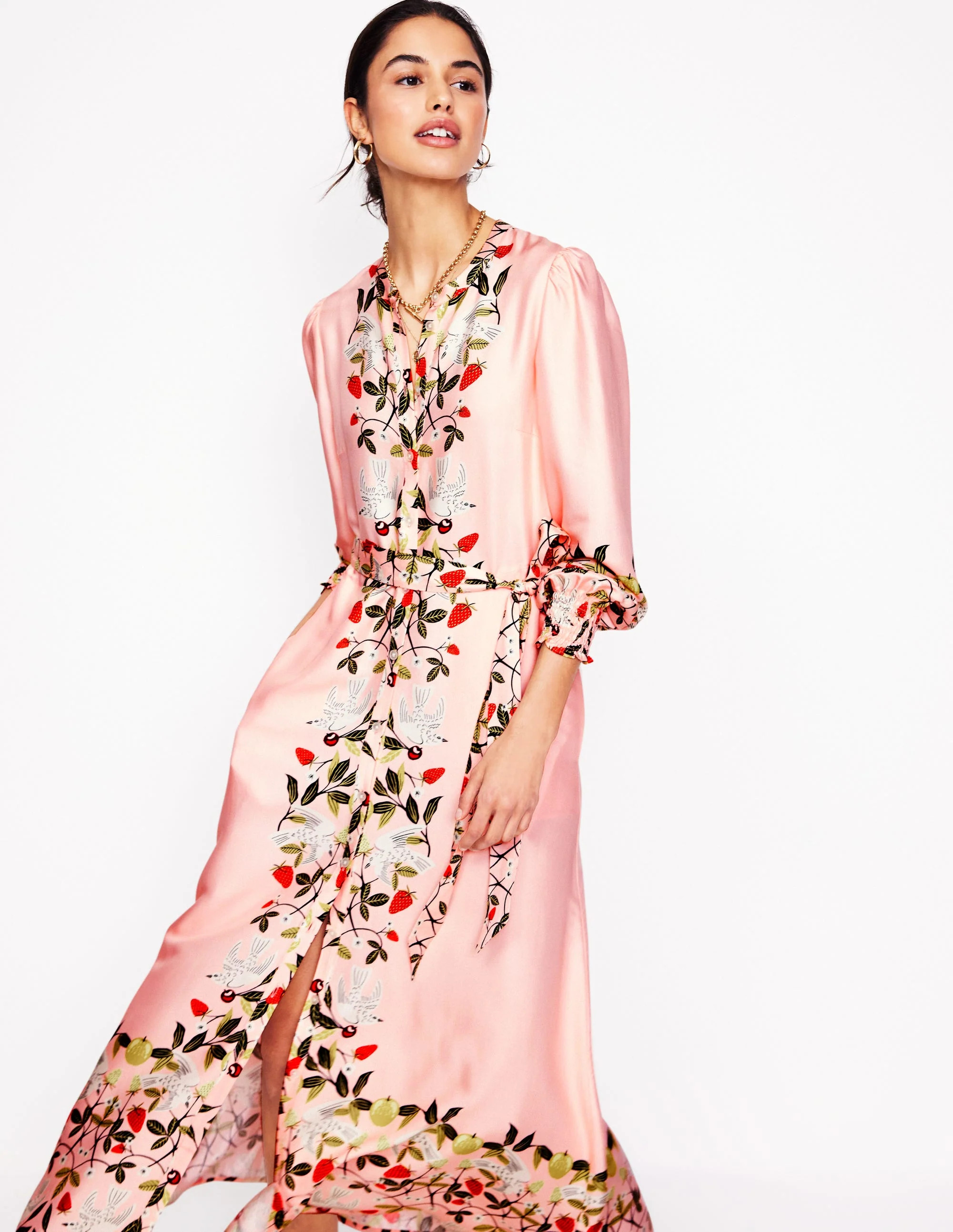Ruby Collarless Shirt Dress-Pink, Bird Paradise | Boden (US)
