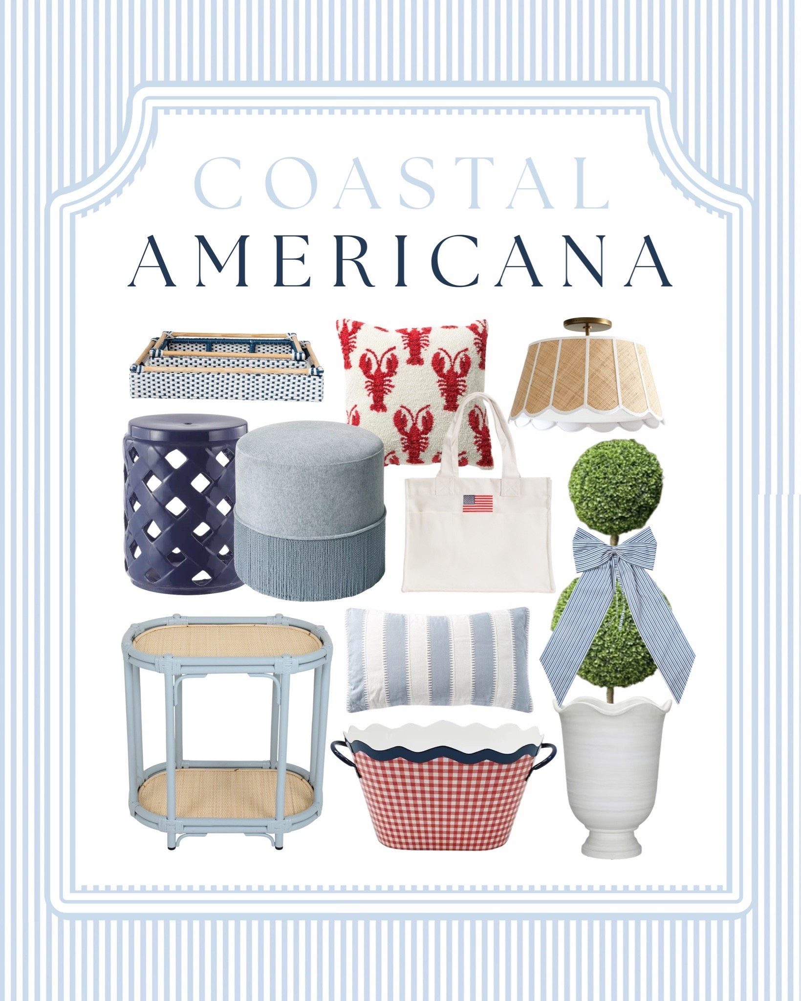 Coastal Americana is having a moment 🇺🇸⚓️💙

If you love timeless coastal decor with a touch of classic Americana charm, these are the pieces I’m currently loving. From blue-and-white accents and wicker details to lobster motif pillows, scalloped lighting, striped textiles, and Nantucket-inspired accessories, this collection perfectly blends preppy coastal style with relaxed summer living.

Whether you’re decorating a beach house, refreshing your lake house, styling a summer porch, or adding a little Palm Beach meets New England charm to your home, these finds bring that effortless coastal elegance we all love.

✨ Coastal decor
✨ Coastal grandmother style
✨ Preppy home decor
✨ Americana summer decorating
✨ Blue and white home accents
✨ Nantucket-inspired interiors
✨ Beach house decor
✨ Grandmillennial style
✨ Classic coastal design
✨ Summer home refresh

Shop all of my favorite Coastal Americana home decor finds here! 🤍

#LTKHome #CoastalDecor #CoastalAmericana #BeachHouseStyle #BlueAndWhiteDecor #SummerDecor #PreppyStyle #GrandmillennialStyle #NantucketStyle #AmericanaDecor #TraditionalHome #CoastalLiving #PalmBeachStyle #ClassicInteriors #HomeDecorFinds

#LTKSeasonal #LTKHome #LTKSaleAlert
