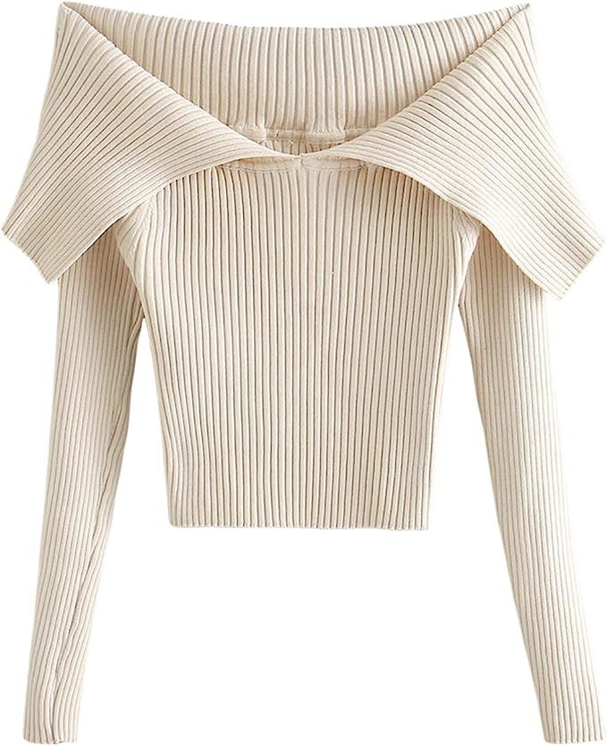 Women's Large Lapel Sweaters Off-Shoulder Slim-Fit Short Knitted Pullover Solid Color Simple Long... | Amazon (US)