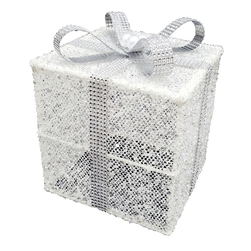 Providence Silver White Gift Box Decor, 8" | At Home