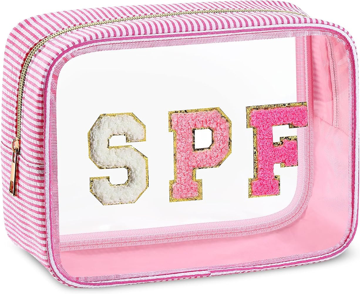 Sanwuta Seersucker SPF Bag Chenille Letter Clear Makeup Bag Preppy Travel Toiletry Pouch Large St... | Amazon (US)