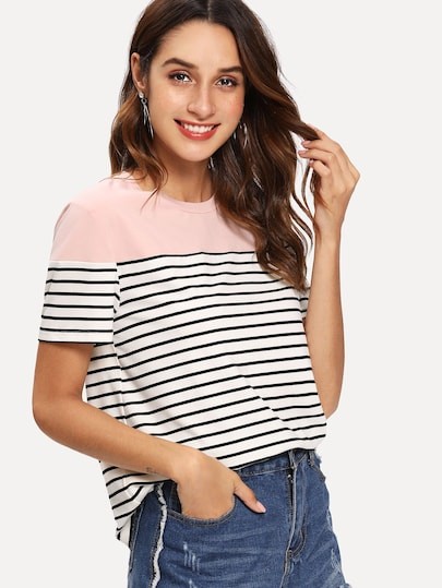 SHEIN Cut and Sew Striped Ringer Tee | SHEIN