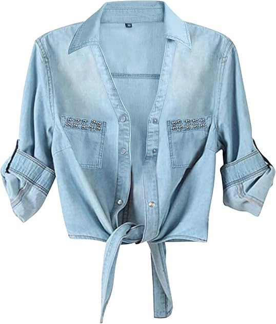 AMEBELLE Women's Roll Up 3/4 Sleeve Tie Front Knot Shirt Chambray Denim Crop Top | Amazon (US)