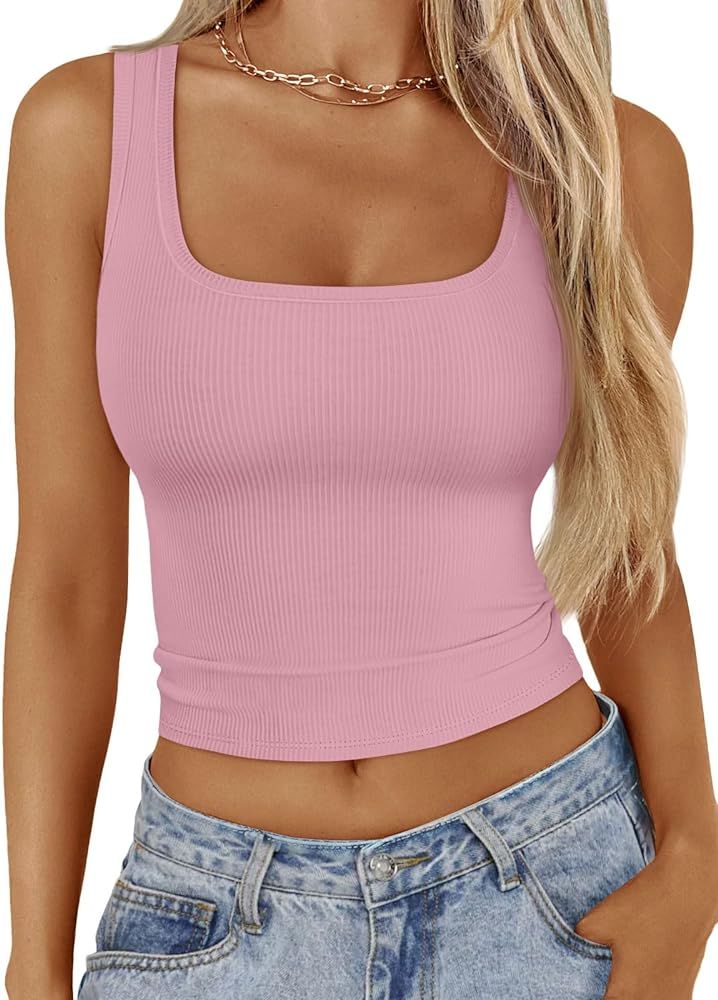 Trendy Queen Womens Square Neck Ribbed Tank Tops Sleeveless Crop Tops Summer Clothes | Amazon (US)