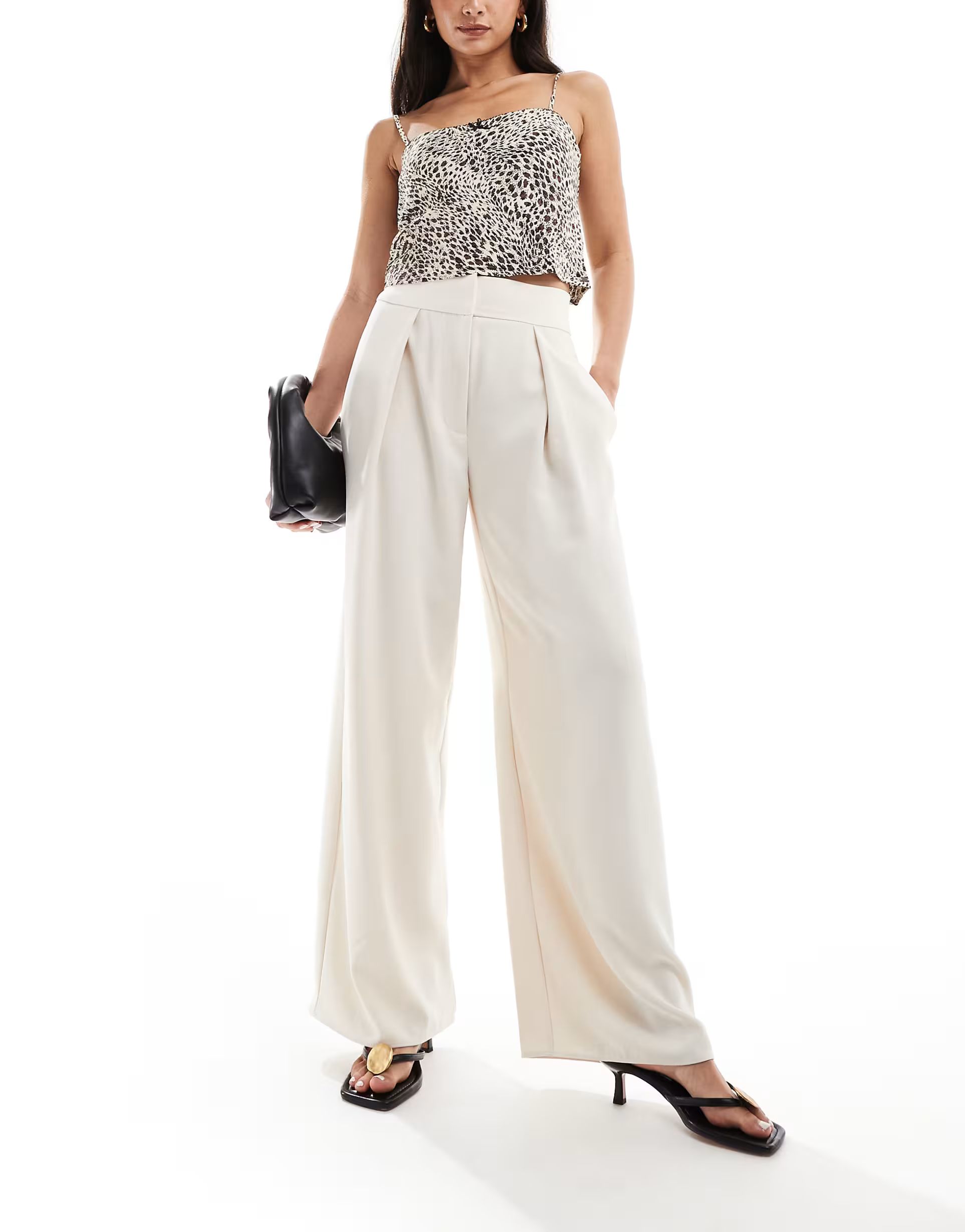 River Island wide leg pleated trouser in cream | ASOS (Global)