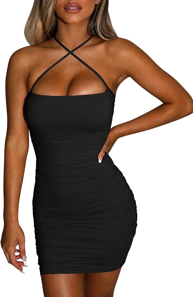BORIFLORS Women's Sexy Bodycon Sleeveless Ruched Spaghetti Strap Mini Club Party Dress | Amazon (US)