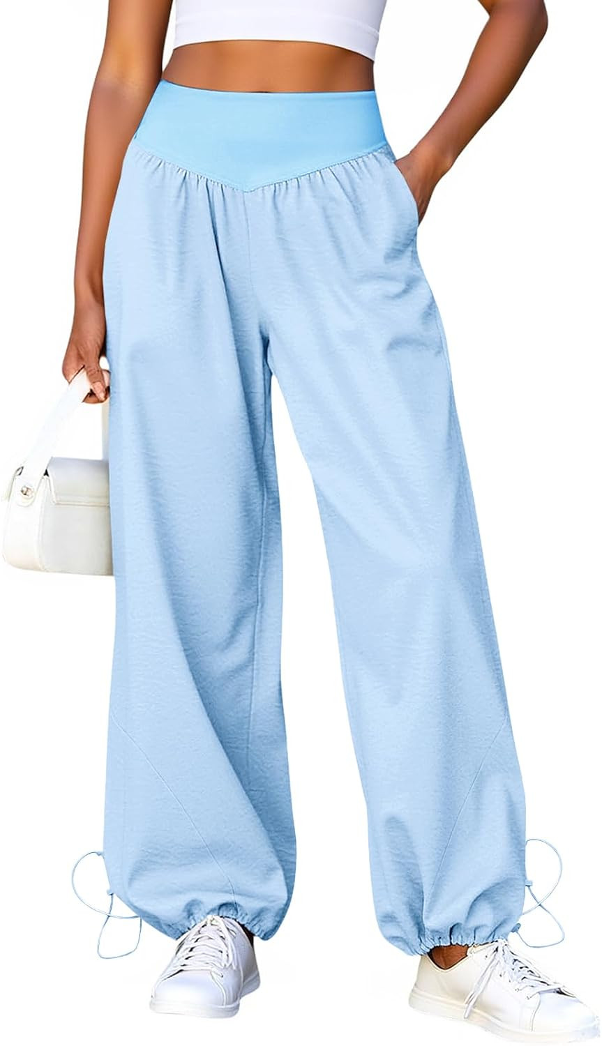 Fisoew Womens Wide Leg Pants Casual High Waist Baggy Track Pants Loose Fit Drawstring Cuffs Lounge Pant with Pockets | Amazon (US)