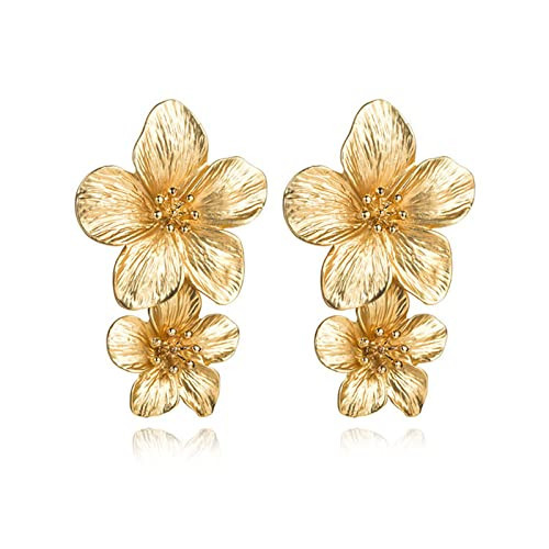 ONLYJUMP 3D Large Flower Earrings for Women Chic Petal Statement Earrings Bohemian Elegant Plated Big Alloy Metal Flower Earrings (Gold double Flower) | Amazon (US)