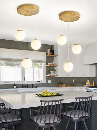 3-Lights Globe Glass Pendant Light Modern Gold White Globe Glass Chandelier Mid Century Chandelier Hanging Fixture for Kitchen Island Foyer Hallway Dining Room | Amazon (US)