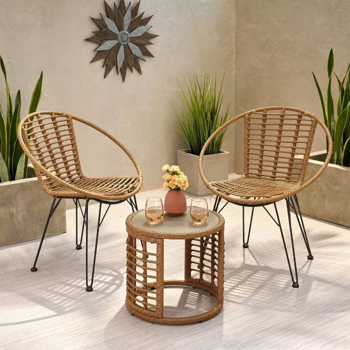 Perkins 3pc Wicker Modern Boho Chat Set - Light Brown - Christopher Knight Home | Target