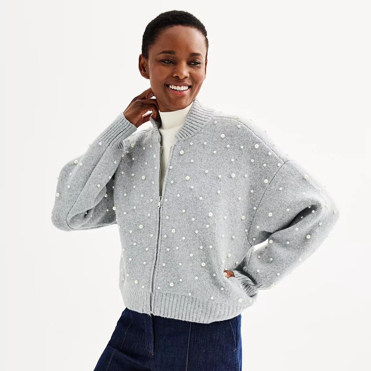 Women's Nine West Zip-Front Pearl Knit Bomber Sweater | Kohl's