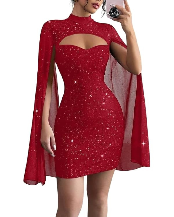 IQLWI Women's Sequin Cloak Sleeve Dress Mock Neck Cocktail Long Flowy Sleeves for Going Out Froma... | Amazon (US)