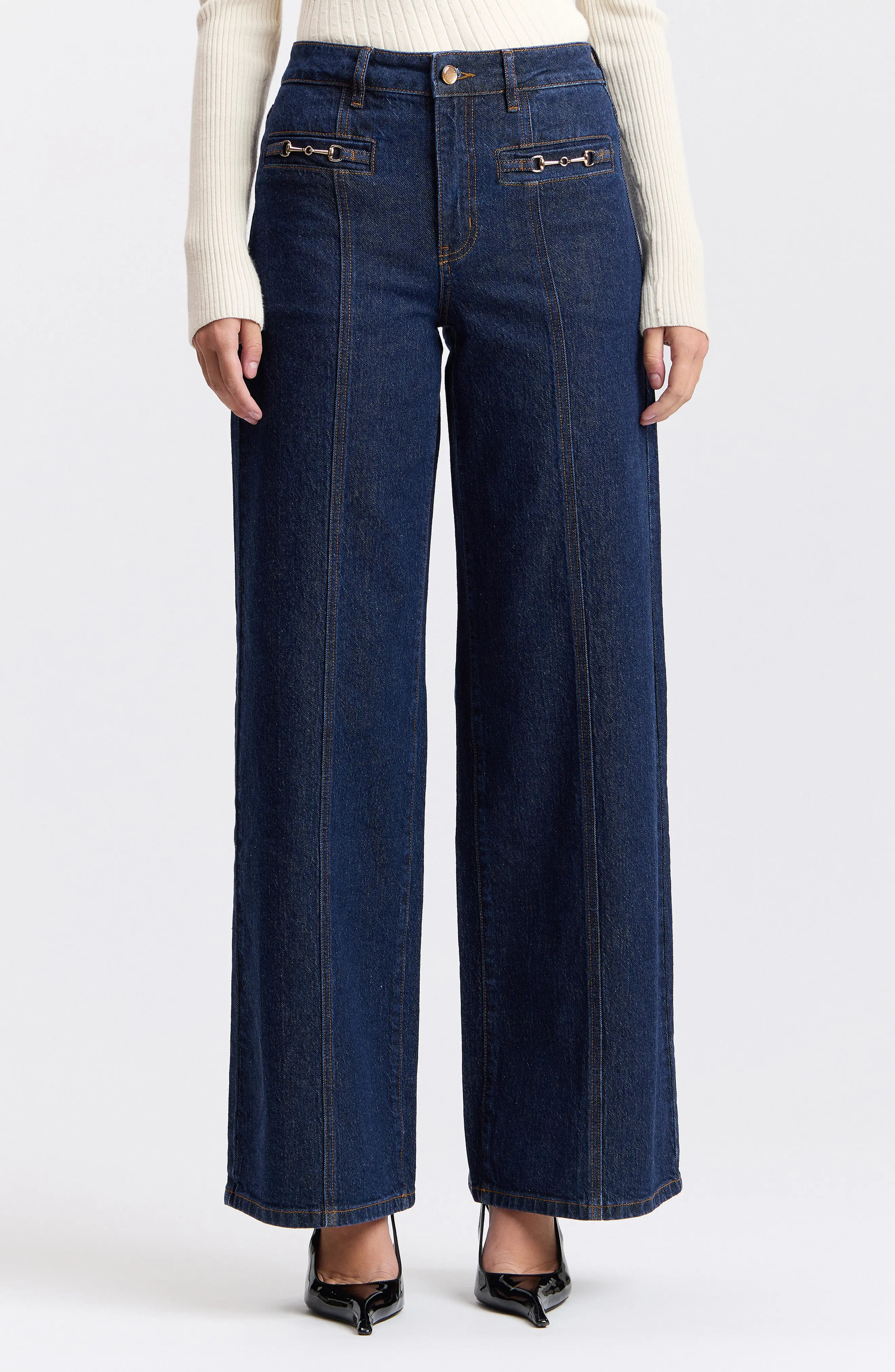 Avec Les Filles Hardware Detail High Waist Flare Jeans in Dark Rinse Wash at Nordstrom Rack, Size 28 | Nordstrom Rack