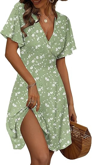 FENSACE Womens Sundress Summer Floral Short Sleeve Wrap V Neck A-Line Midi Dress | Amazon (US)